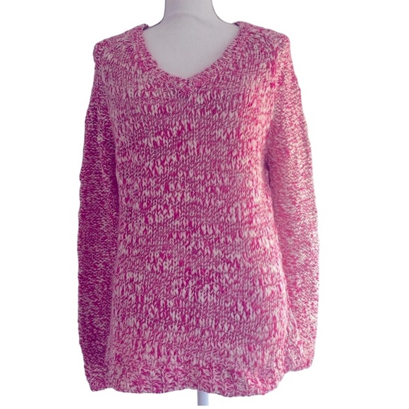 Aeropostale Hot Pink Cream Speckled Wool Chunky Knit V-Neck Sweater Large NWT - Picture 1 of 10
